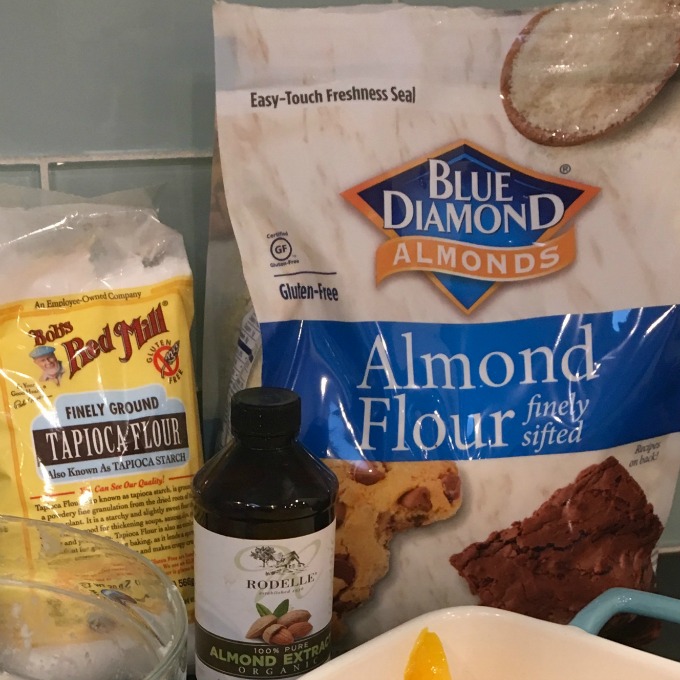 gluten free ingredients include almond flour, tapioca flour, and almond extract